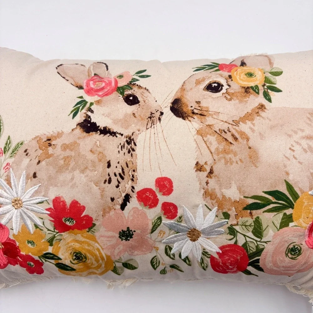 Farmhouse by Rachel Ashwell Easter Bunny Floral Embroidered Lumbar Pillow Cotton
